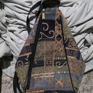 Danny K Bohemian Woven Tapestry Crossbody Bag in Green & Navy